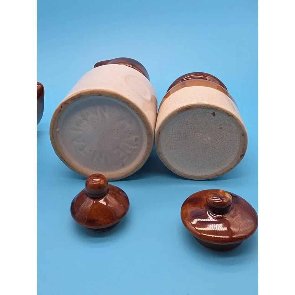 Stoneware Vinegar And Oil Set With Salt/Pepper Well Crock 3 Tone Brown